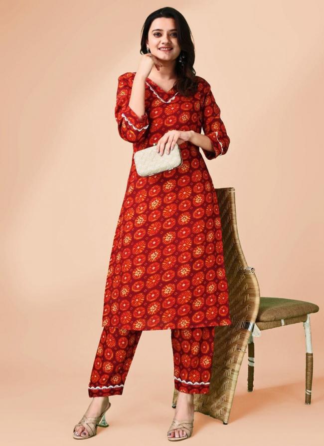 Silk Red Casual Wear Printed Readymade Kurti With Bottom